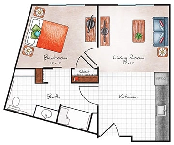 Assisted Living One Bed / One Bath / Corner 518 sq. ft.