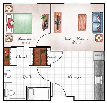 Assisted Living One Bed Deluxe / One Bath 520 sq. ft.