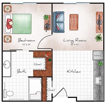 Assisted Living One Bed / One Bath 520 sq. ft.