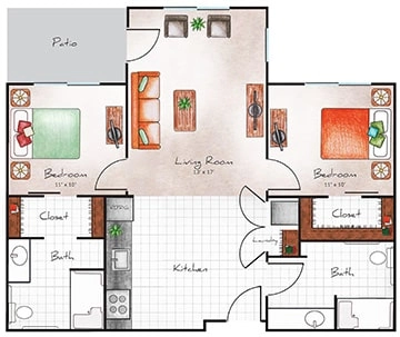 Independent Living Two Bed / Two Bath 875 sq. ft.