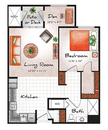 Independent Living One Bed / One Bath / Den (Longwood) 749 sq. ft.