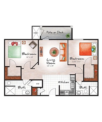 Independent Living Two Bed / Two Bath (Fontana) 858 sq. ft.