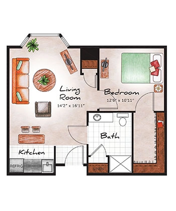 Assisted Living One Bed / One Bath (Plaza) 667 sq. ft.