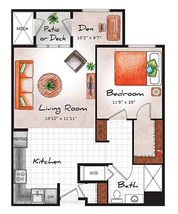 Assisted Living One Bed / One Bath / Den (Longwood) 749 sq. ft.