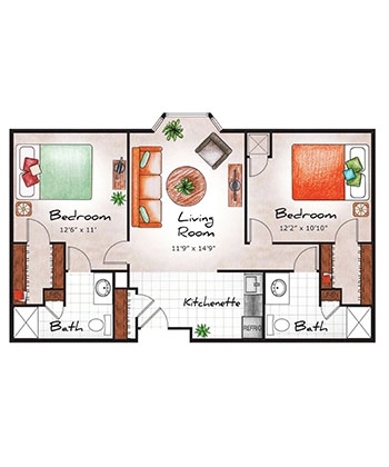 Assisted Living Two Bed / Two Bath (Buckingham) 779 sq. ft.