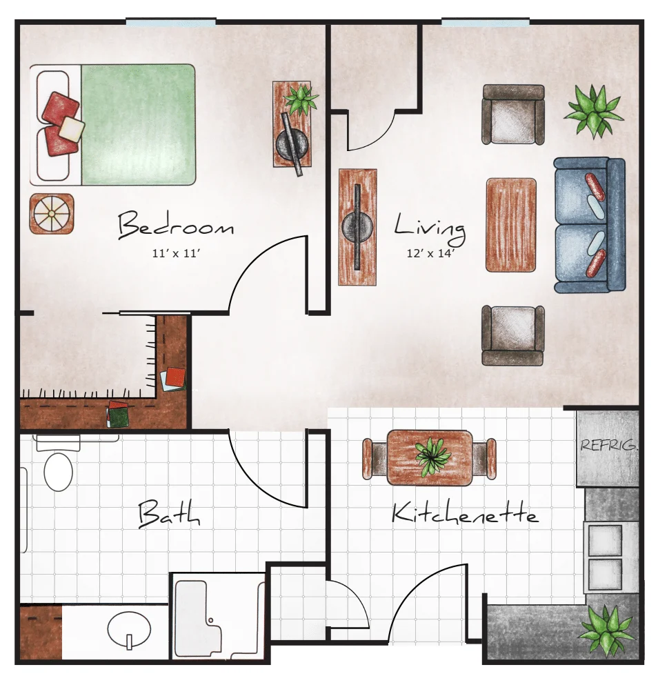 Assisted Living One Bed / One Bath 601 sq. ft.