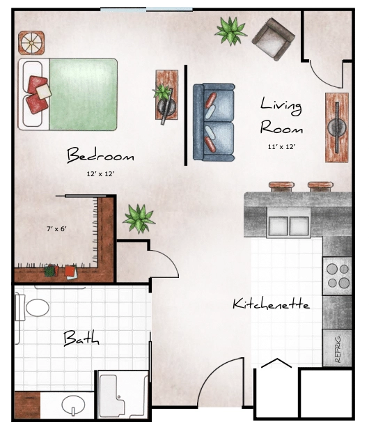 Independent Living Studio 637-655 sq. ft.