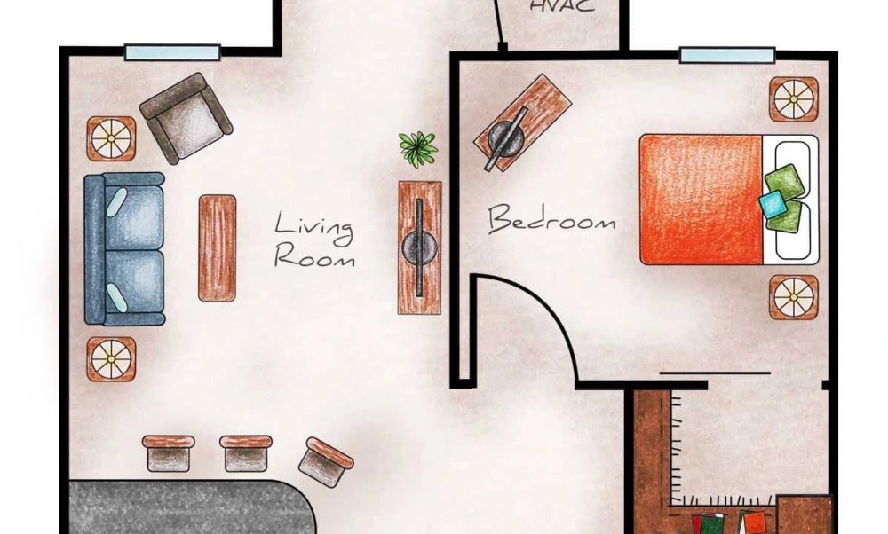 Assisted Living One Bed / One Bath with Den 580 sq. ft.