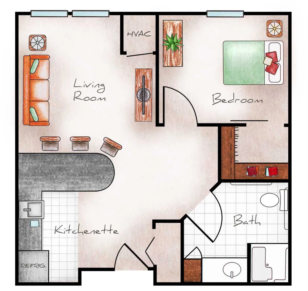 Assisted Living One Bed / One Bath 520 sq. ft.