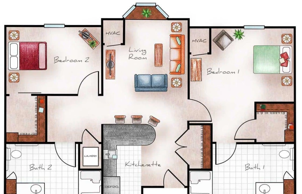 Assisted Living Two Bed / Two Bath 885-910 sq. ft.