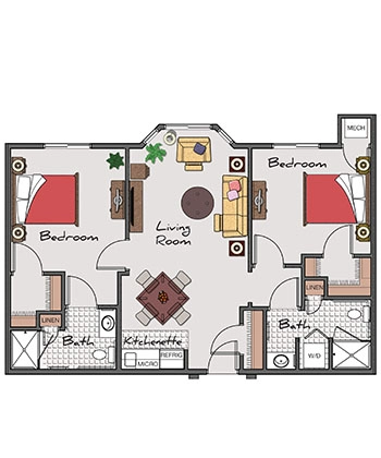 Assisted Living Two Bed / Two Bath (Continental) 943 sq. ft.