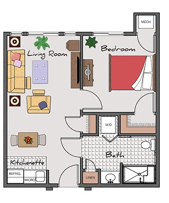 Assisted Living One Bed / One Bath (Aurora & Arbor Rose) 528-579 sq. ft.