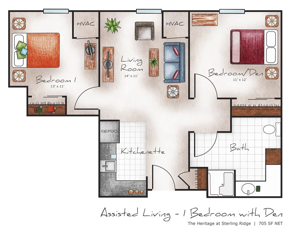 Assisted Living One Bed With Den 705 sq. ft.