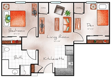 Assisted Living One Bed with Den 723 sq. ft.