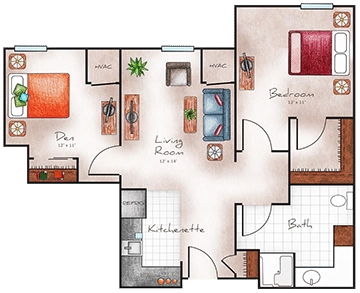 Assisted Living One Bed with Den 757 sq. ft.