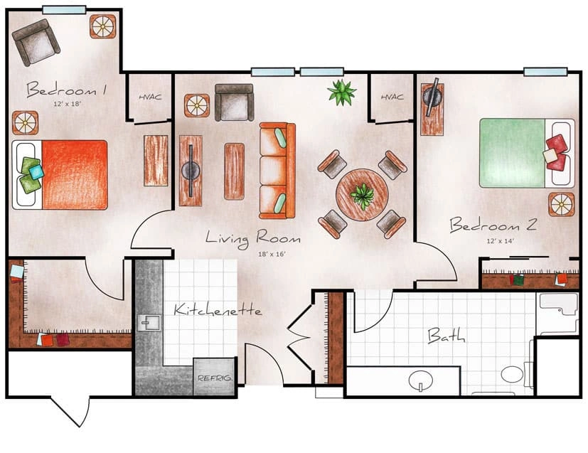 Assisted Living Two Bed / One Bath 1028 sq. ft.