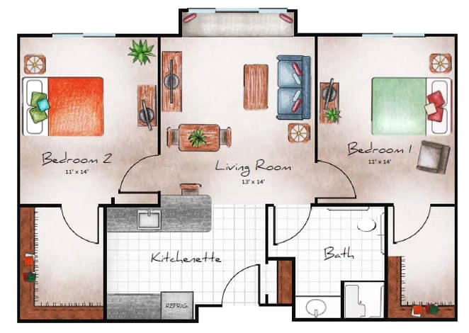 Assisted Living Two Bed / Two Bath 822-1275 sq. ft.