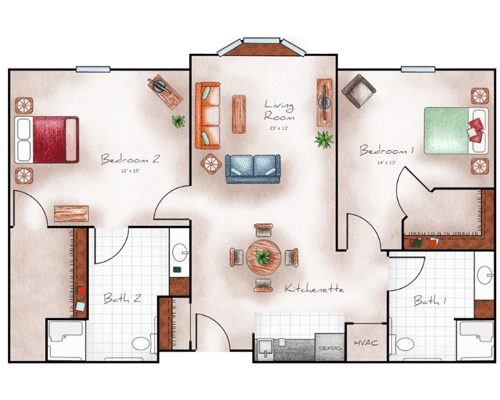 Assisted Living Two Bed / Two Bath 1010 sq. ft.