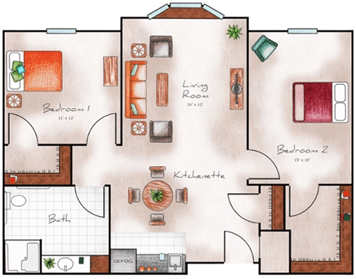 Assisted Living Two Bed / One Bath 902 sq. ft.