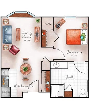 Assisted Living One Bed / One Bath 525 sq. ft.