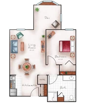 Assisted Living One Bed / One Bath / Den 635-694 sq. ft.