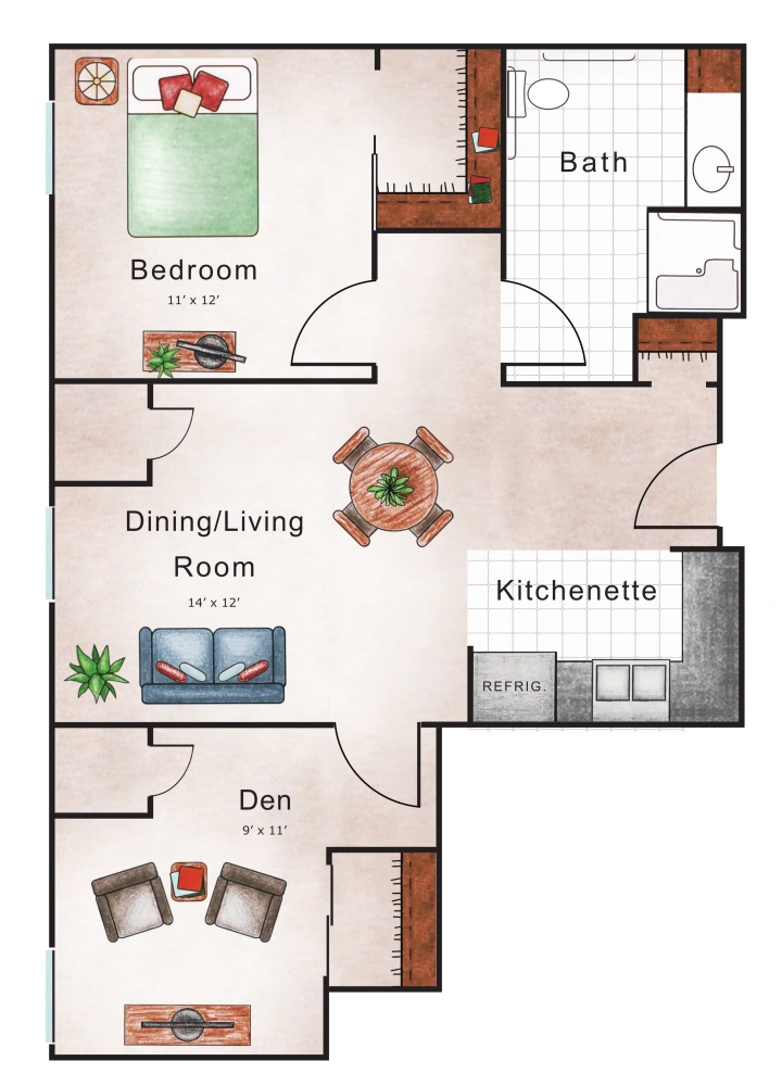 Assisted Living One Bed with Den 751 sq. ft.