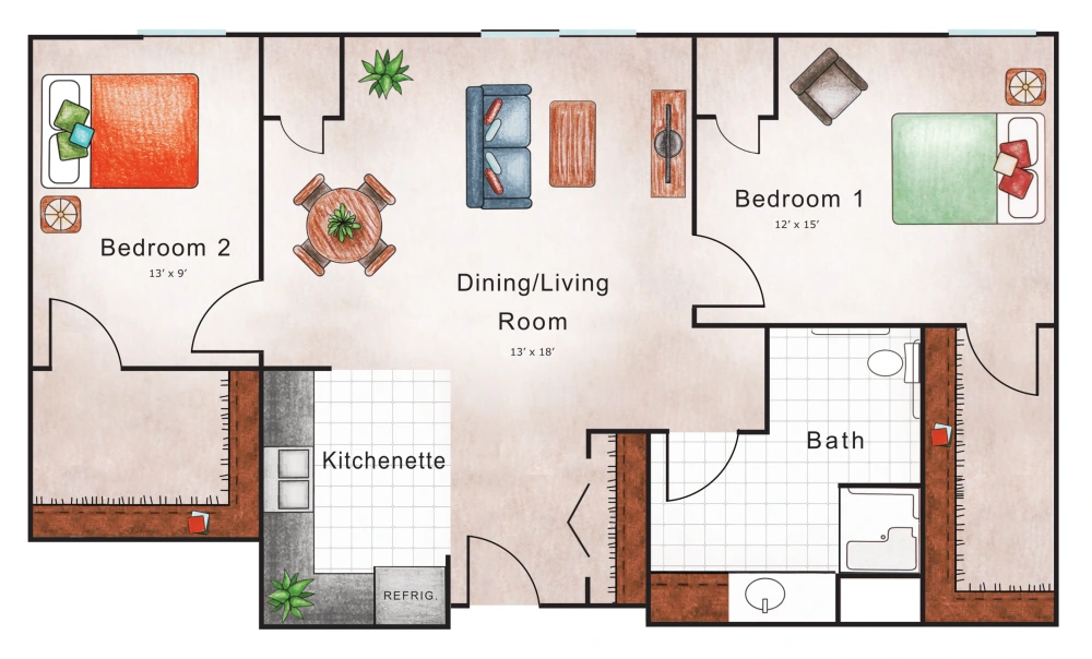 Assisted Living Two Bed / One Bath 1020 sq. ft.