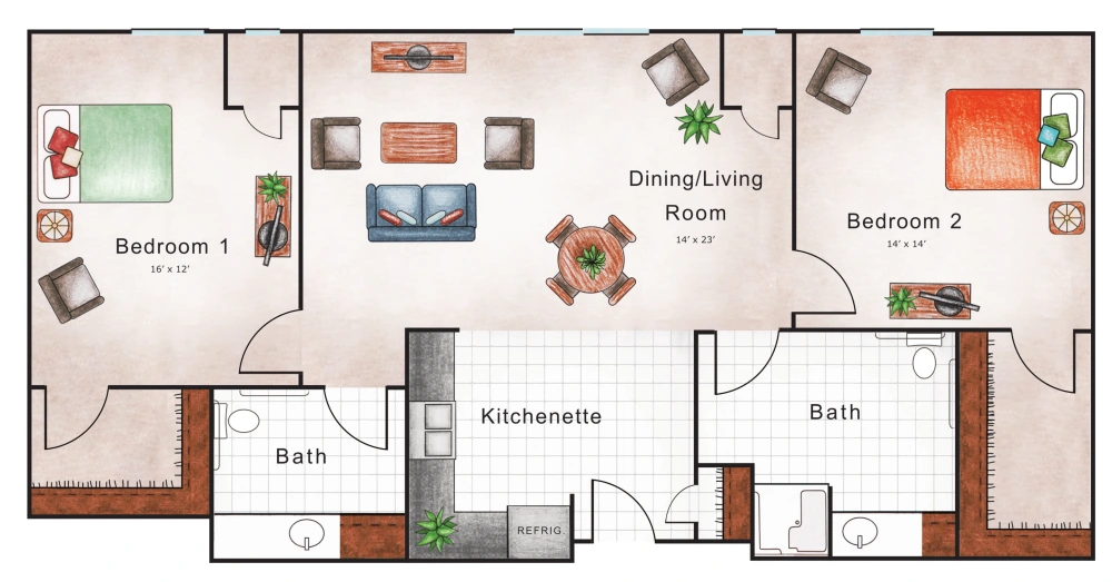 Assisted Living Two Bed / 1.5 Bath 1251 sq. ft.