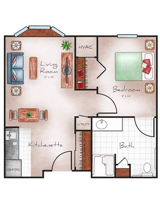 Assisted Living One Bed / One Bath 531 sq. ft.