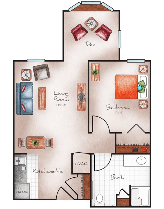 Assisted Living One Bed with Den 691 sq. ft.