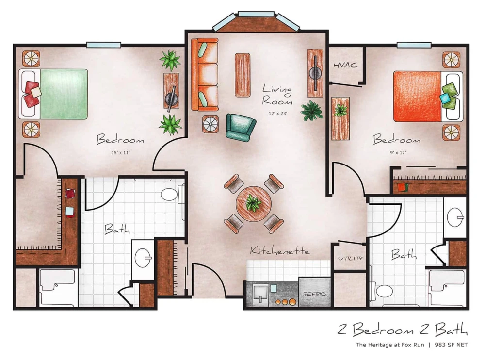 Assisted Living Two Bed / Two Bath 983 sq. ft.