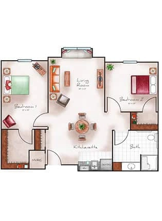 Assisted Living Two Bed / One Bath 840-915 sq. ft.