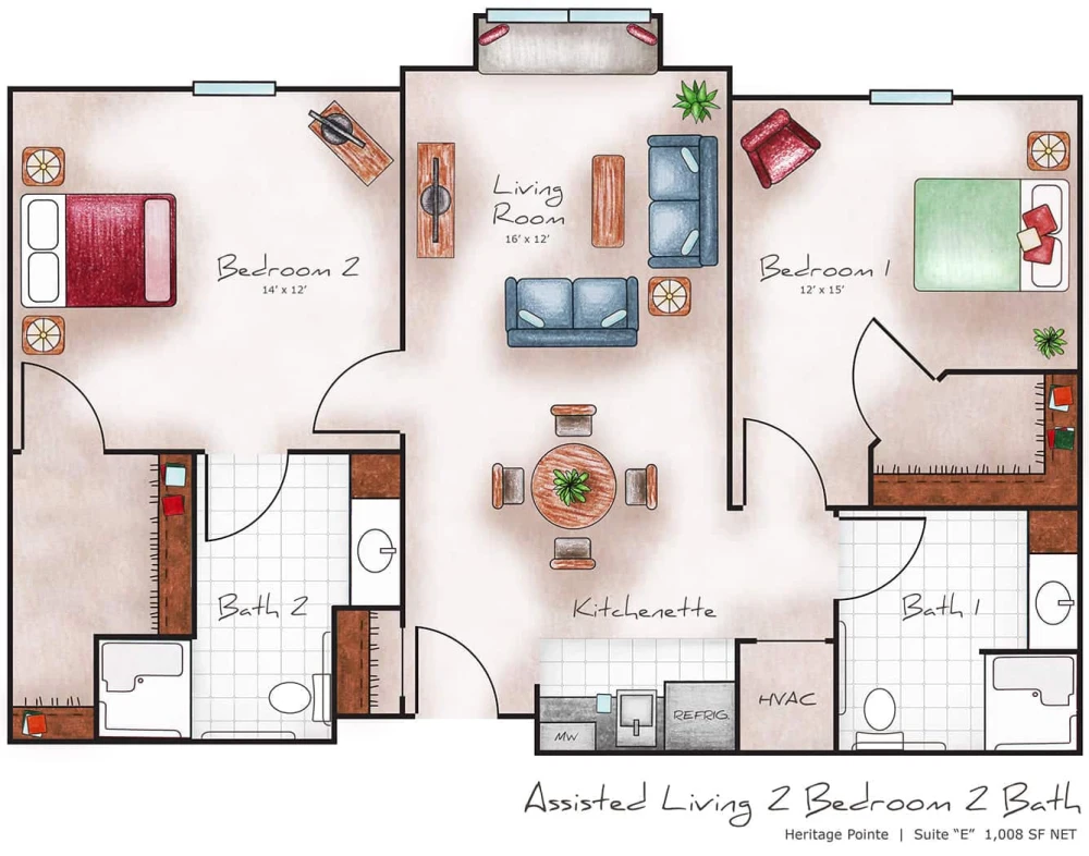 Assisted Living Two Bed / Two Bath 1008 sq. ft.