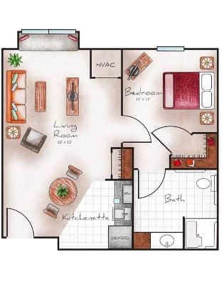 Assisted Living One Bed / One Bath 570 sq. ft.