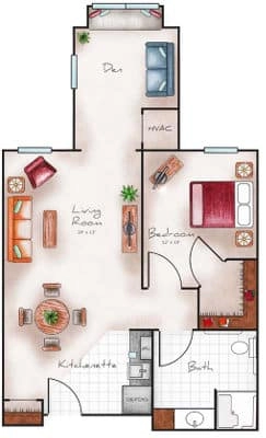 Assisted Living One Bed with Den 740 sq. ft.