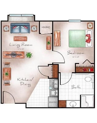 Assisted Living One Bed / One Bath 570 sq. ft.