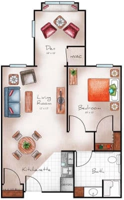 Assisted Living One Bed with Den 726 sq. ft.