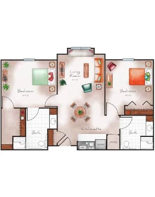 Assisted Living Two Bed / Two Bath 1023 sq. ft.