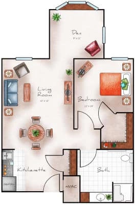 Assisted Living One Bed / One Bath / Den 705 sq. ft.