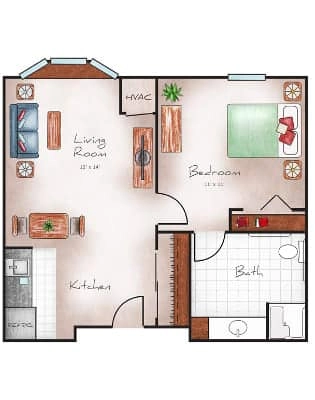 Assisted Living One Bed / One Bath 560 sq. ft.