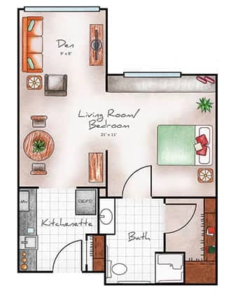 Assisted Living Studio with Den 505 sq. ft.