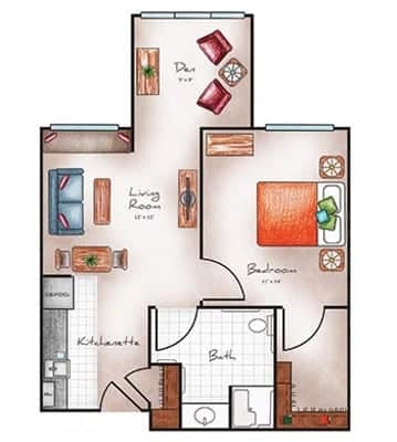 Assisted Living One Bed / One Bath / Den 605-620 sq. ft.