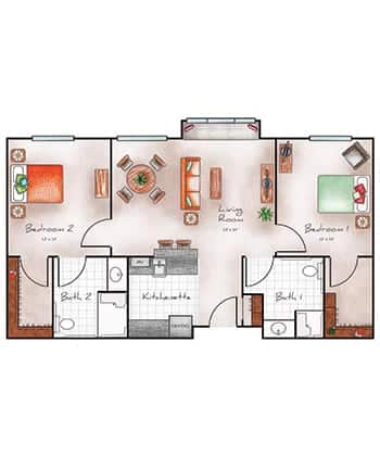 Assisted Living Two Bed / Two Bath 983 sq. ft.