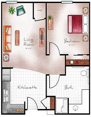 Assisted Living One Bed / One Bath 558 sq. ft.