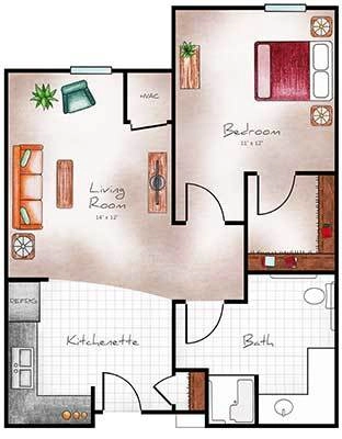 Assisted Living One Bed / One Bath 604 sq. ft.