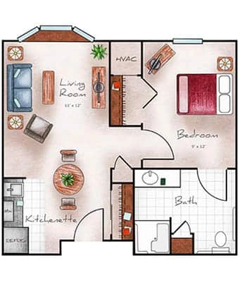 Assisted Living One Bed / One Bath 525 sq. ft.