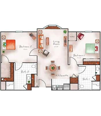 Assisted Living Two Bed / Two Bath 980 sq. ft.