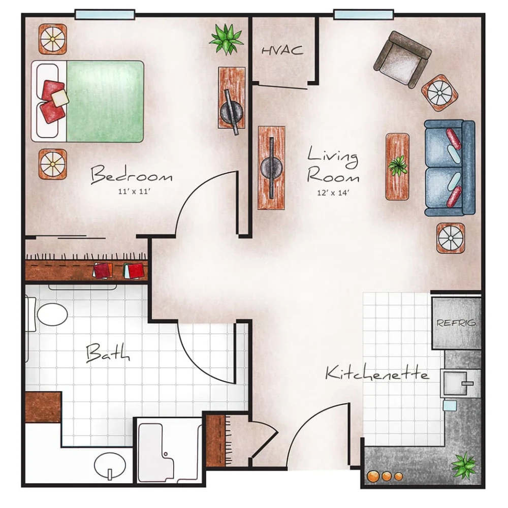 Assisted Living One Bed / One Bath 555 sq. ft.