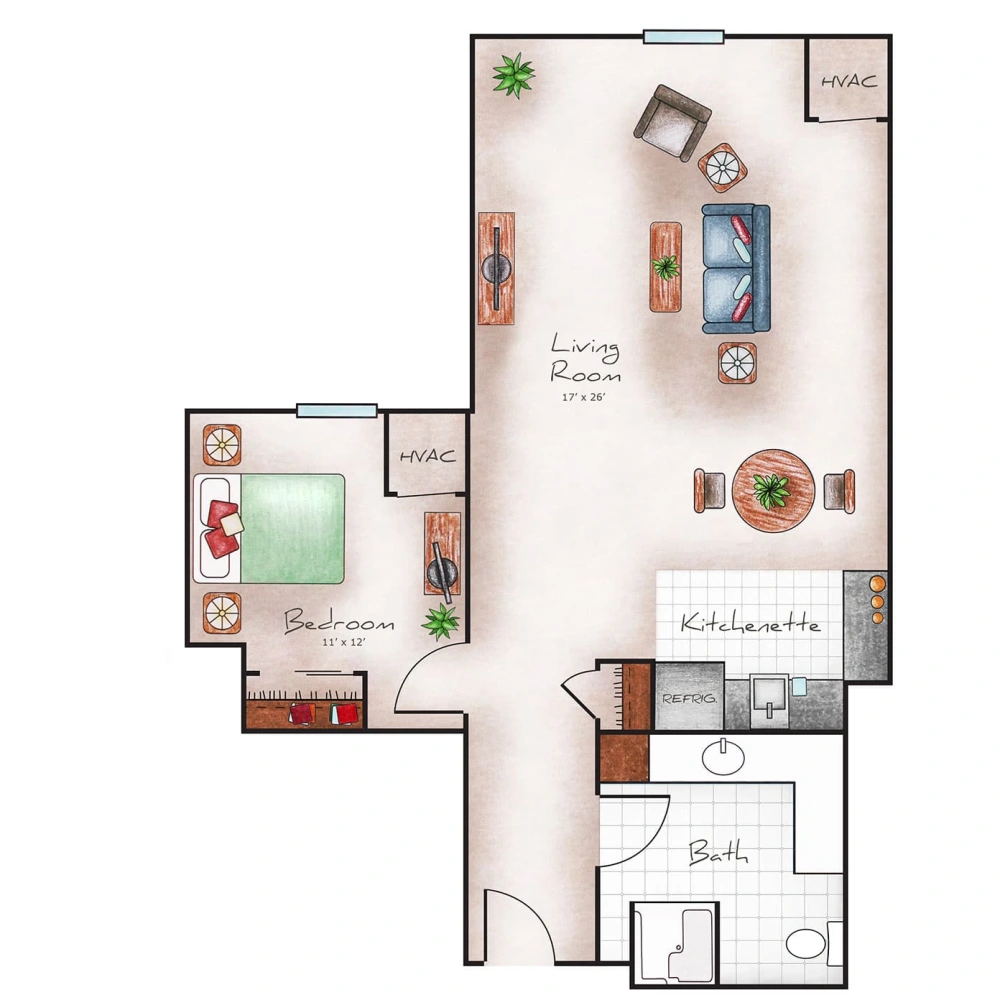 Assisted Living One Bed / One Bath Deluxe 815 sq. ft.