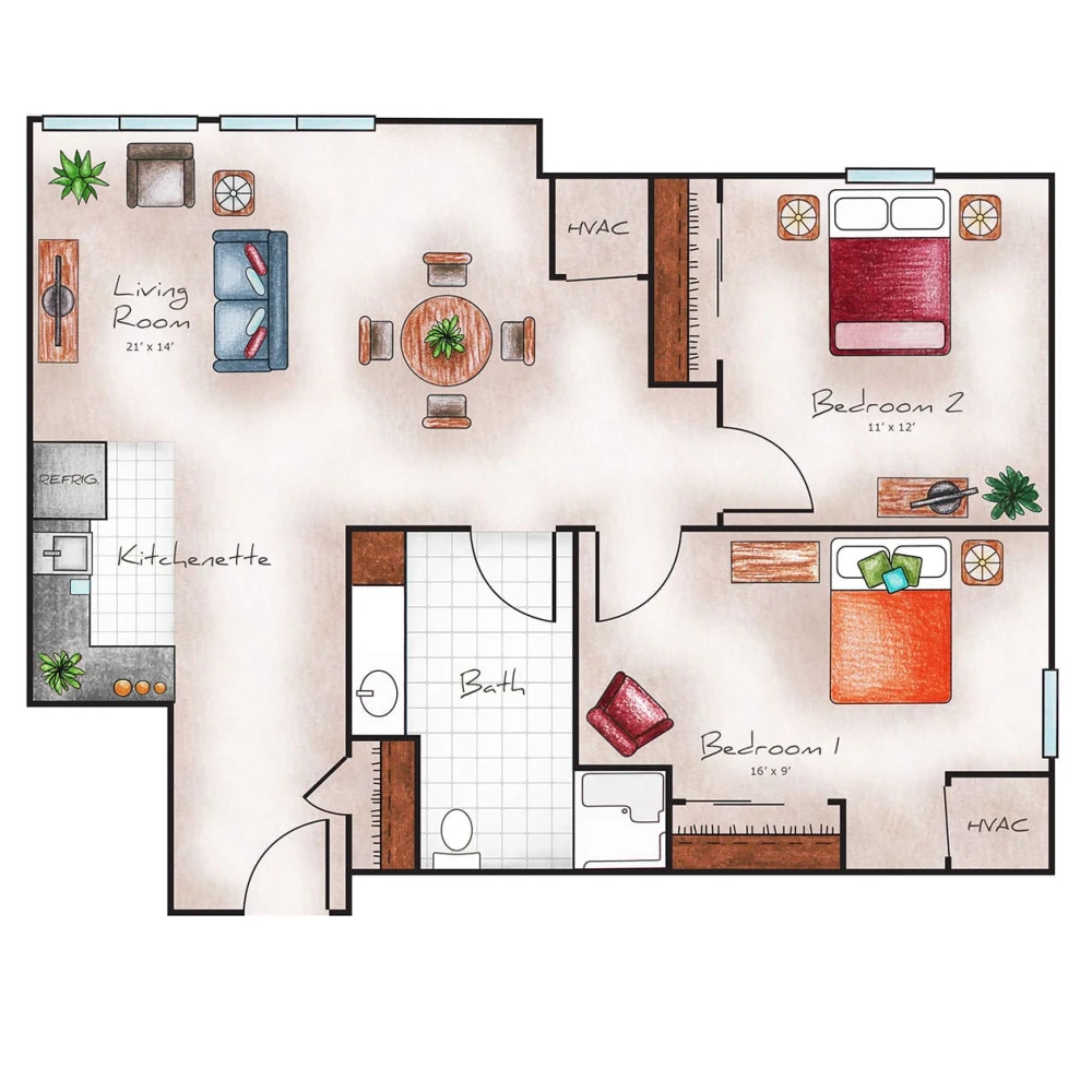 Assisted Living Two Bed / One Bath 859 sq. ft.